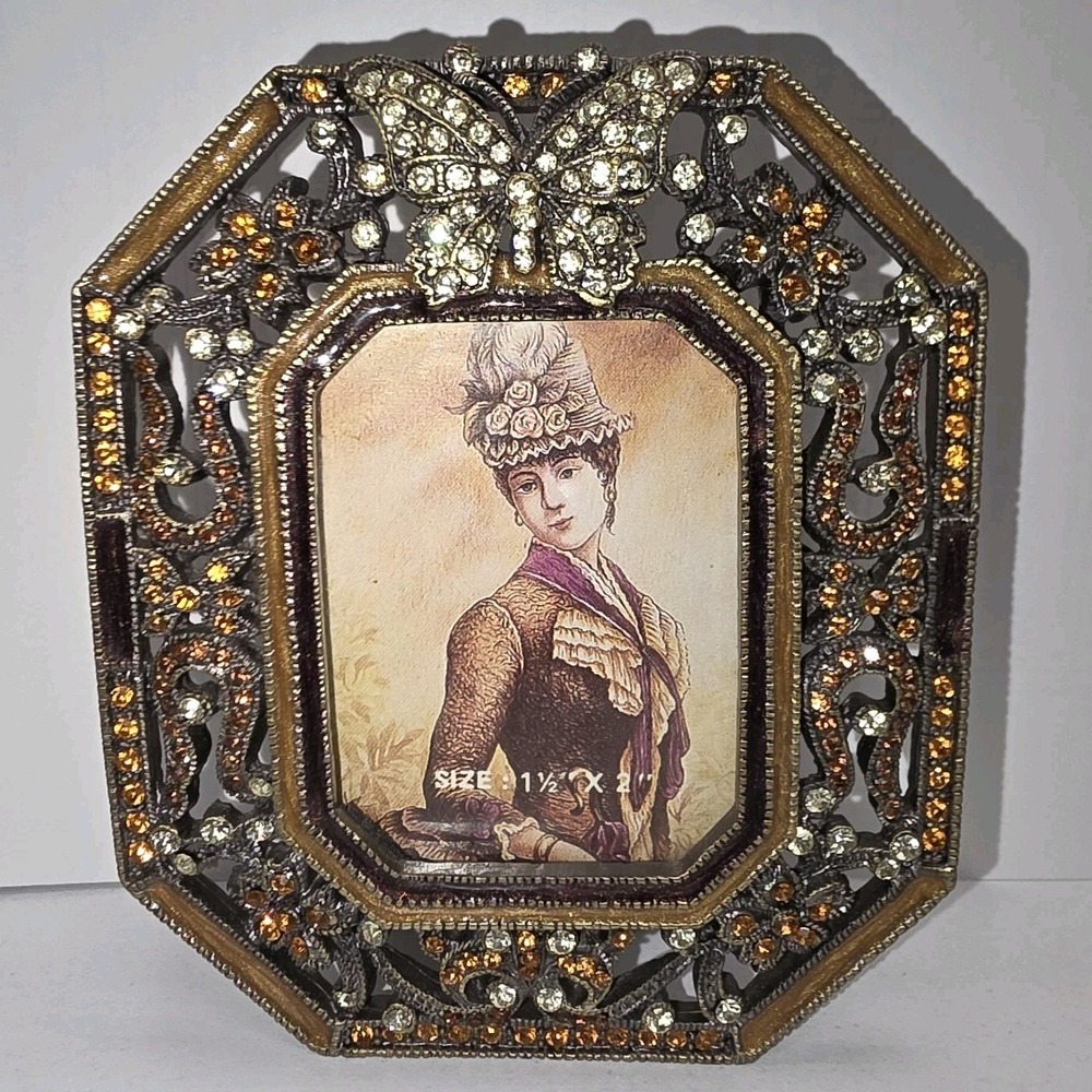 TIZO Vtg Picture‎ Frame Brass with Savorski Crystals Butterfly Jeweled Rare